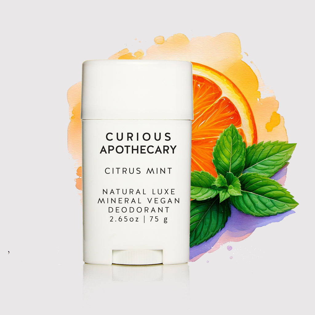 Natural Luxe Citrus Mint Mineral Vegan Deodorant by Curious Apothecary. Aluminum free, Baking soda free.