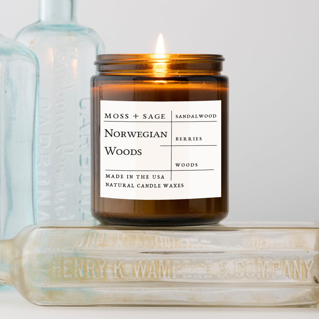 Quiet Forest ™  Balsam Cedar Soy Candle. 9 ounce amber jar. Moss + Sage